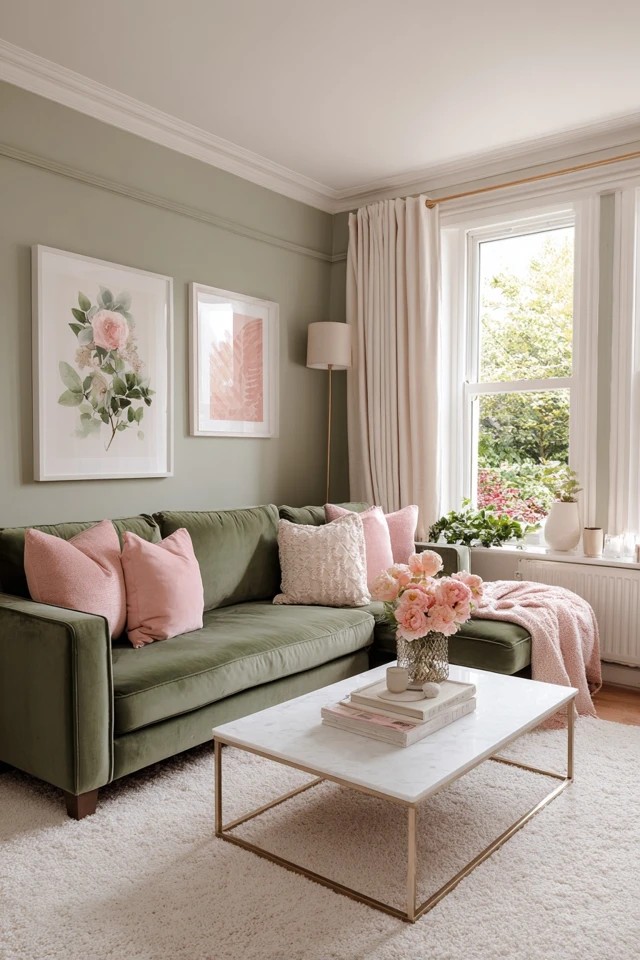 Sage walls with blush pink velvet sofa