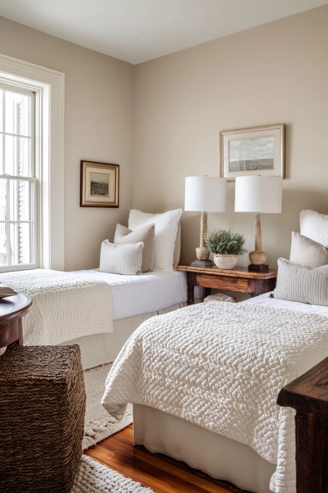 Two twin beds with nightstand between