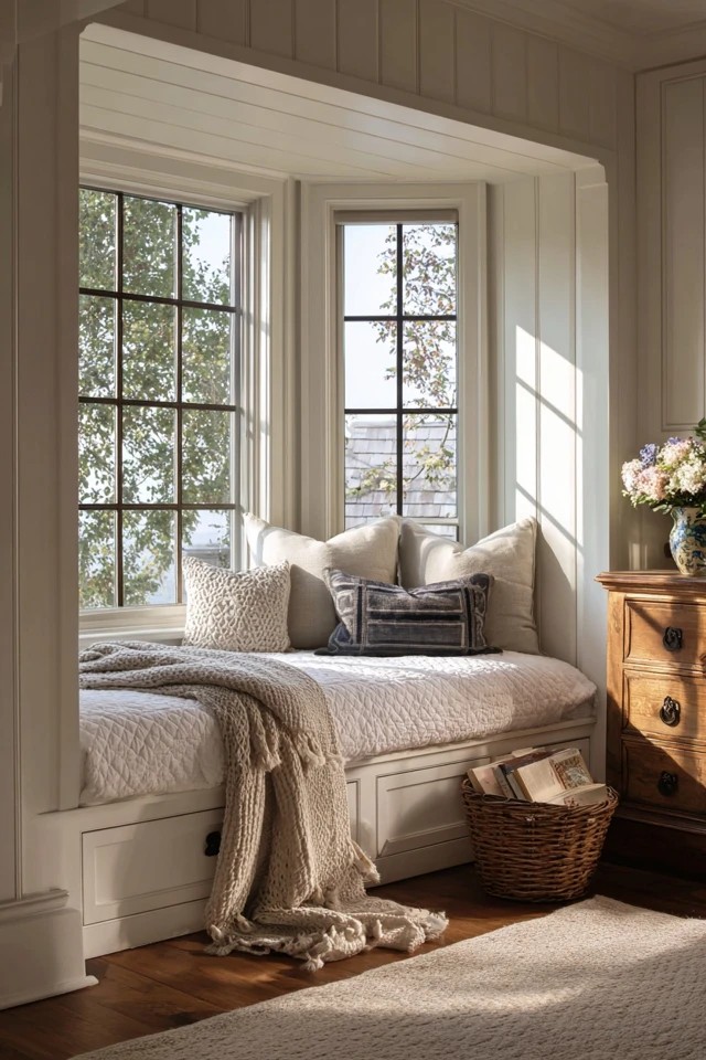 Bay window bench with cushions and storage below