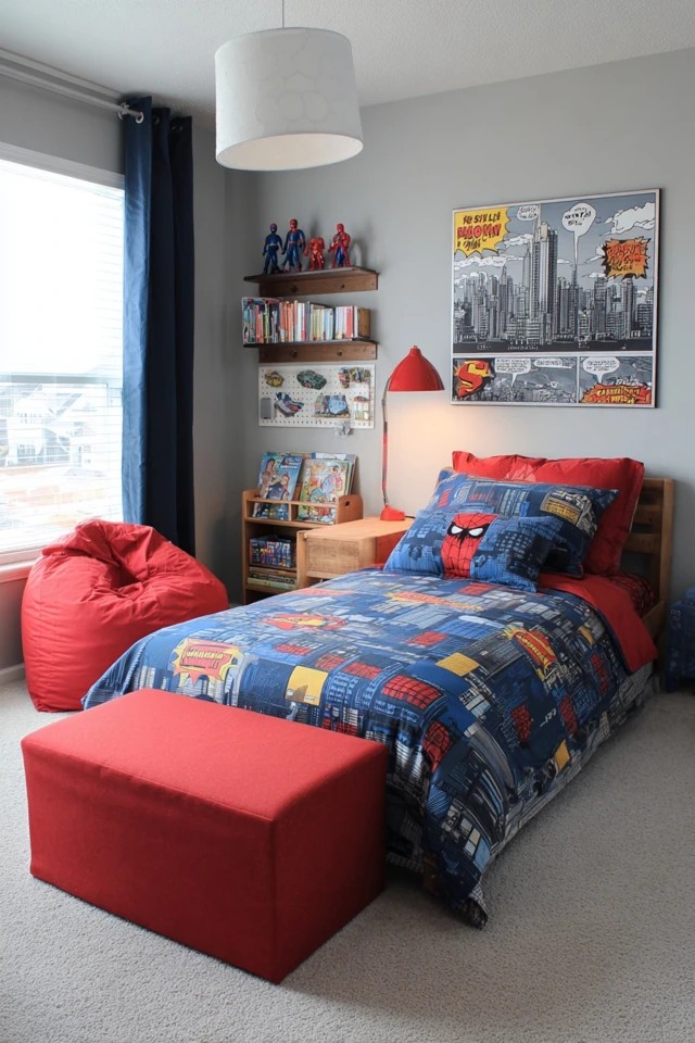 Forest green walls with tree decals and natural wood