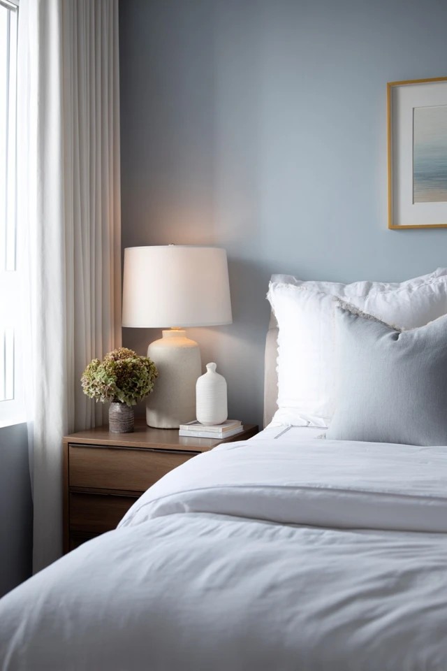 Premium upholstered headboard with solid wood dresser and art