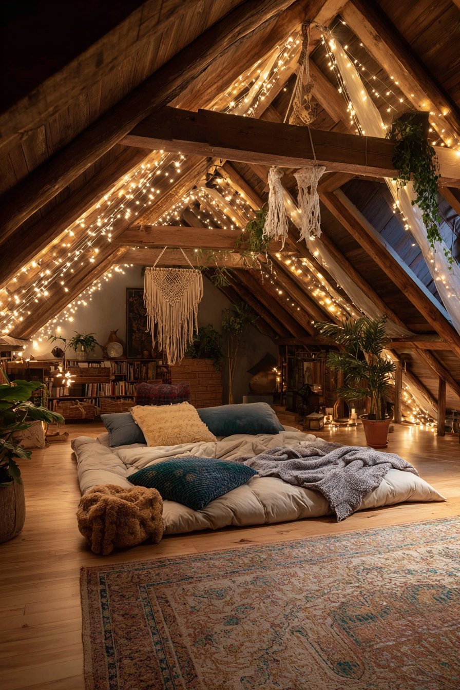 Fairy lights draped across wooden beams with floor bed