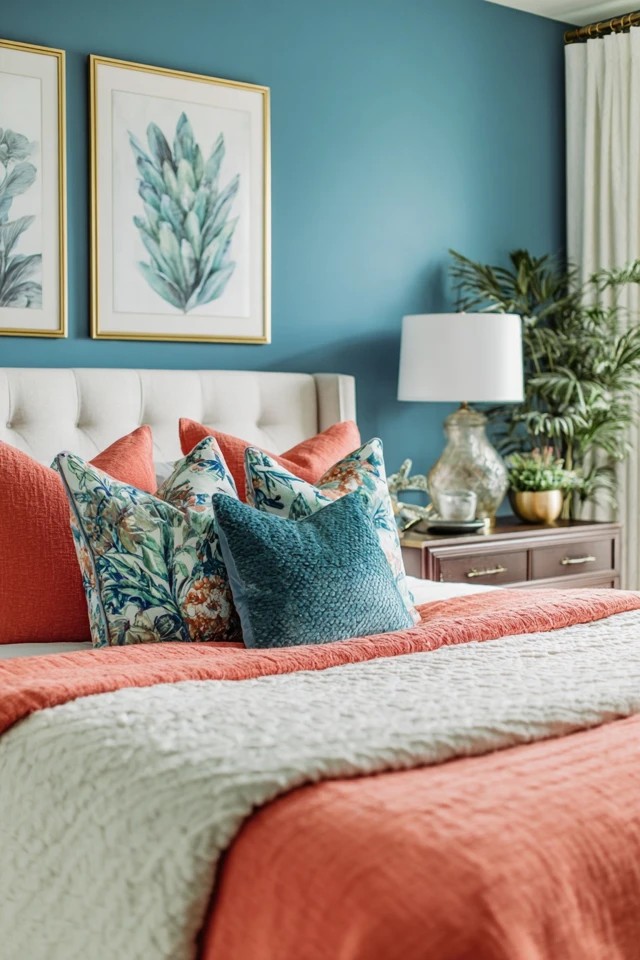 Blue-green teal walls with coral bedding