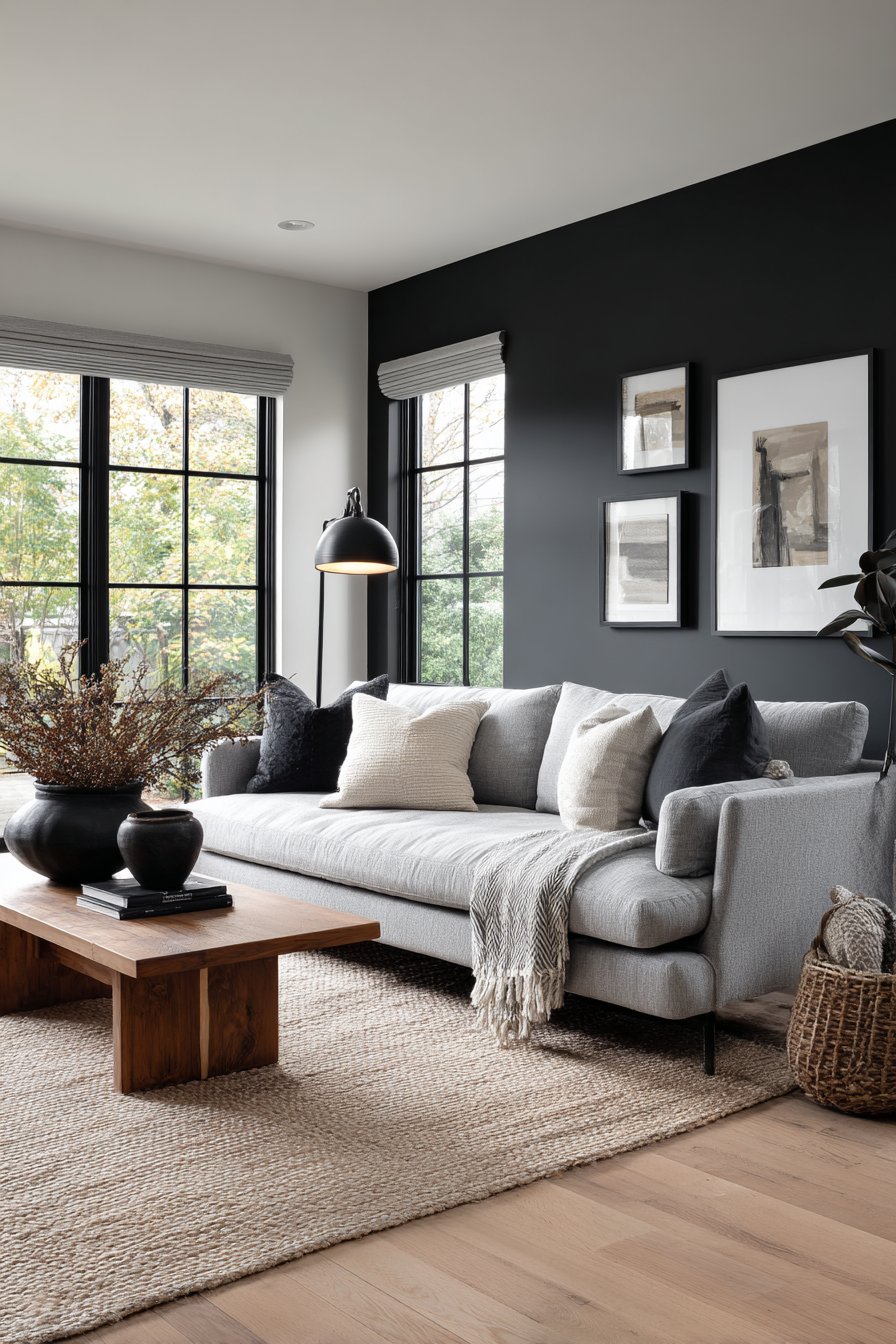 Single black accent wall in minimal Scandinavian room