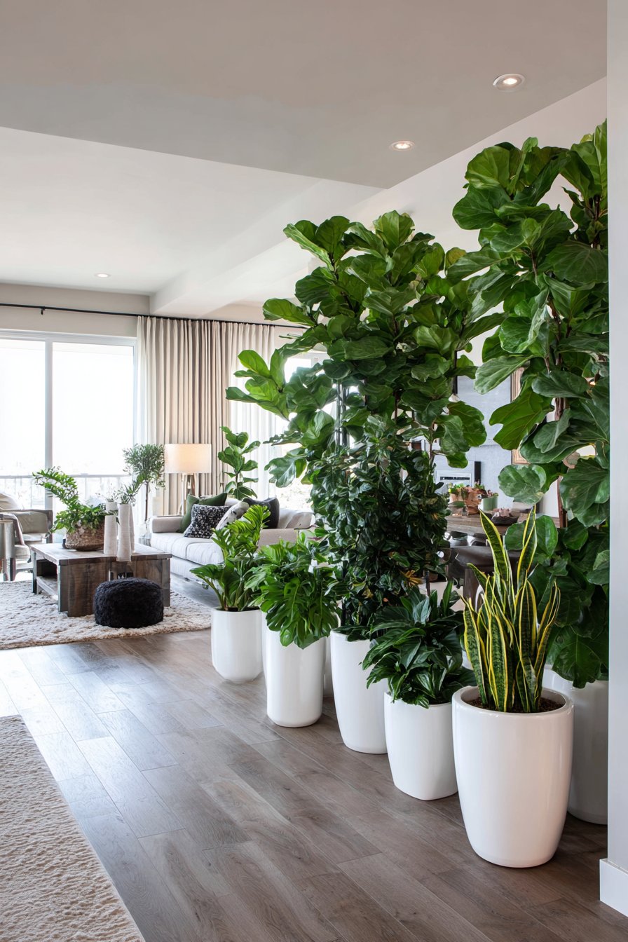 Linear arrangement of tall potted plants as divider
