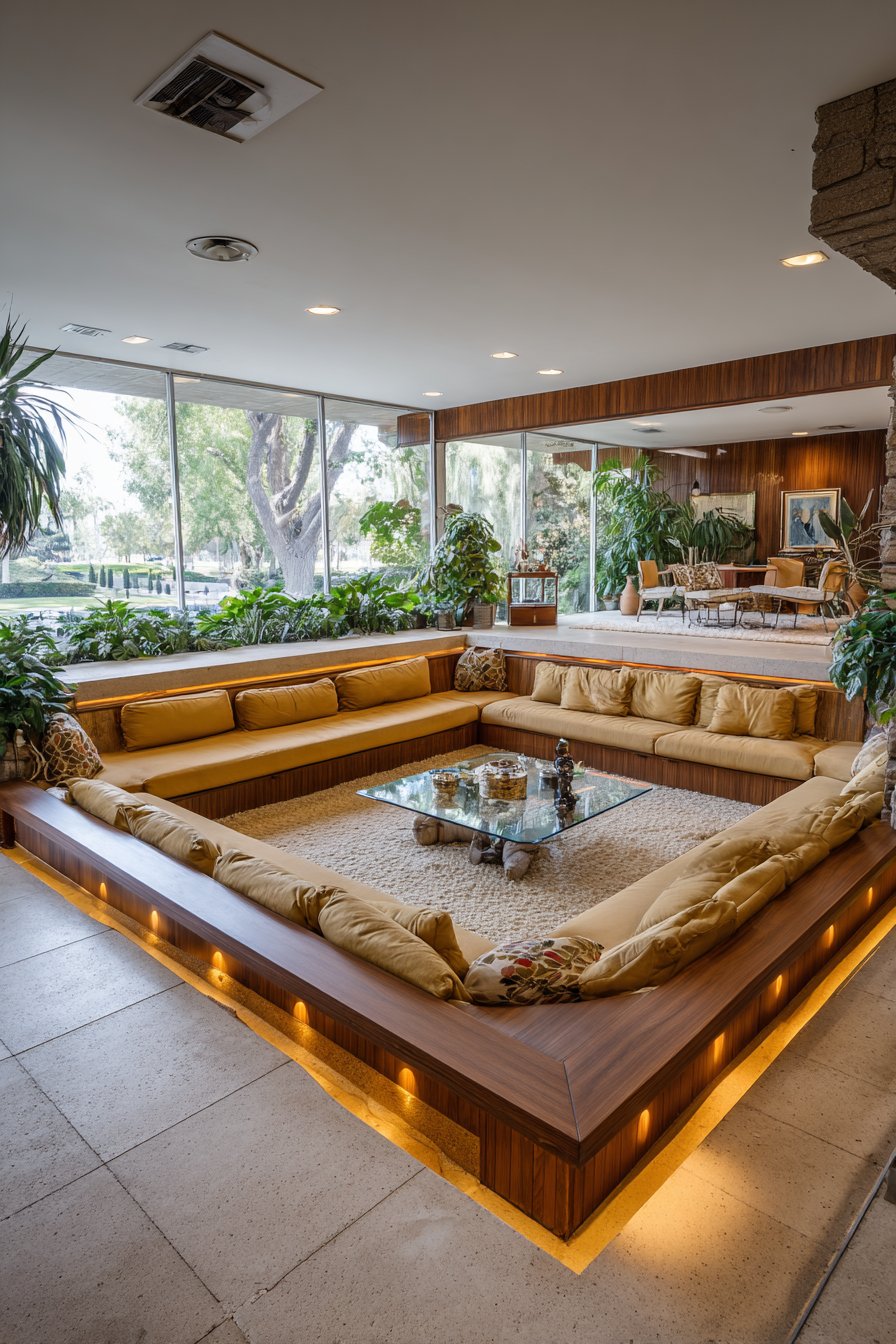 Sunken conversation pit with cognac leather