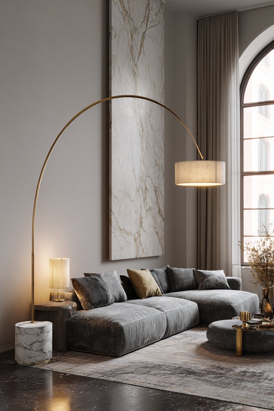 Large arc lamp with marble base over sectional