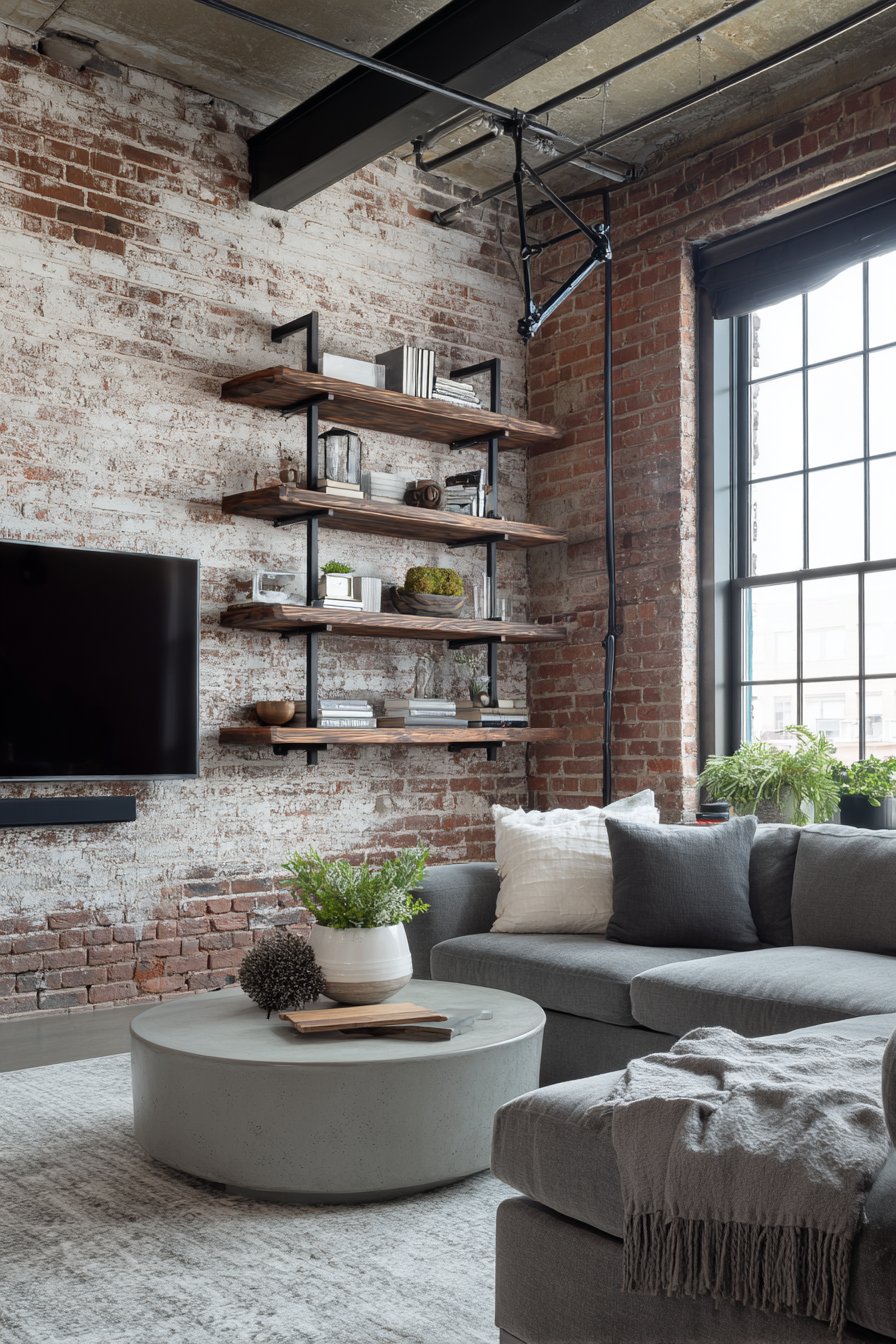 White-washed exposed brick with TV on articulating mount