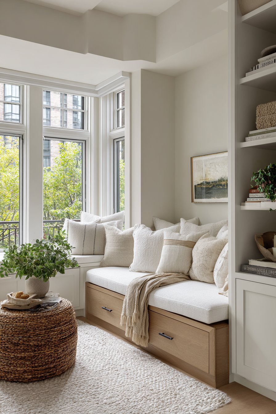 Cushioned window seat with drawers in compact room