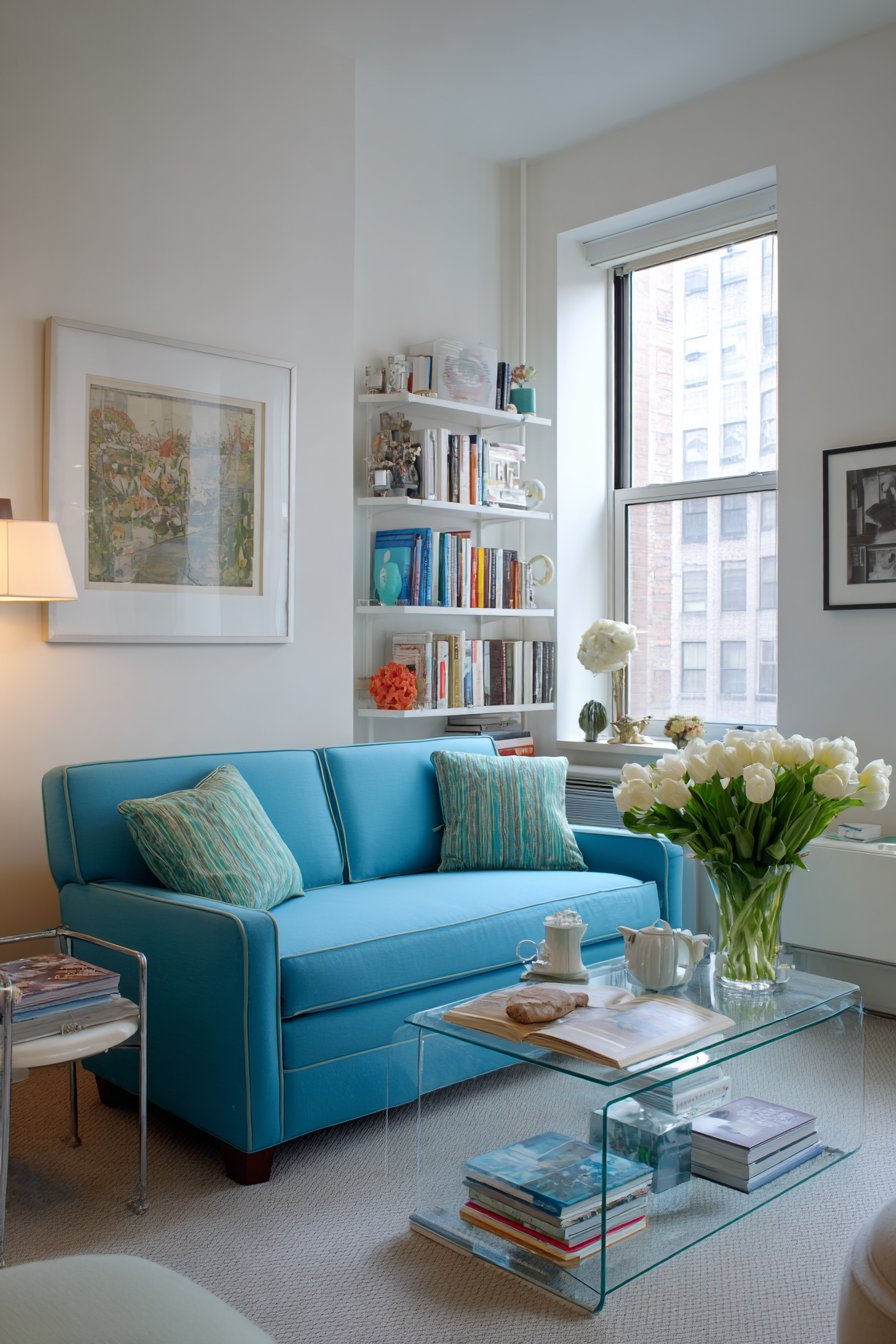 Turquoise blue compact loveseat in small 100-square-foot apartment