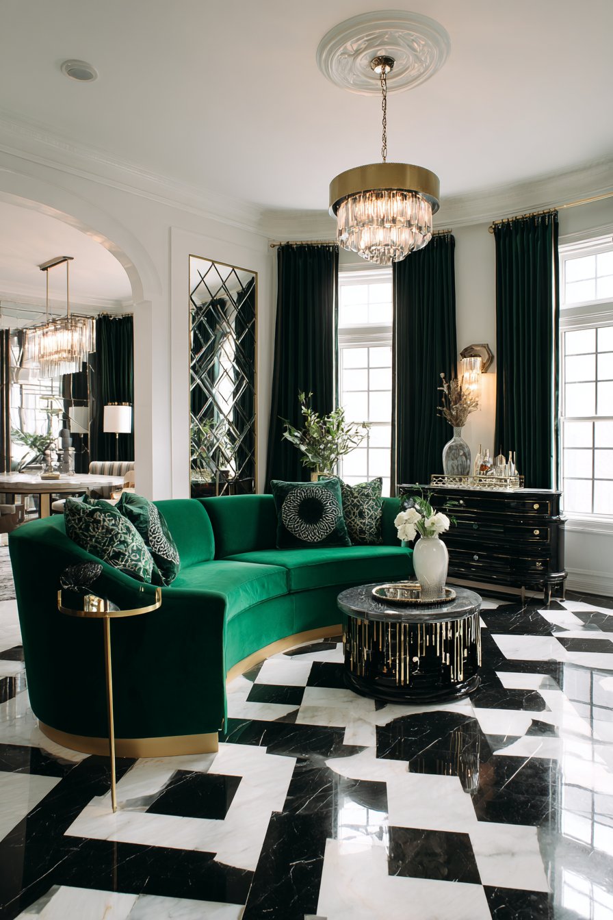 Navy damask camelback sofas around mahogany table