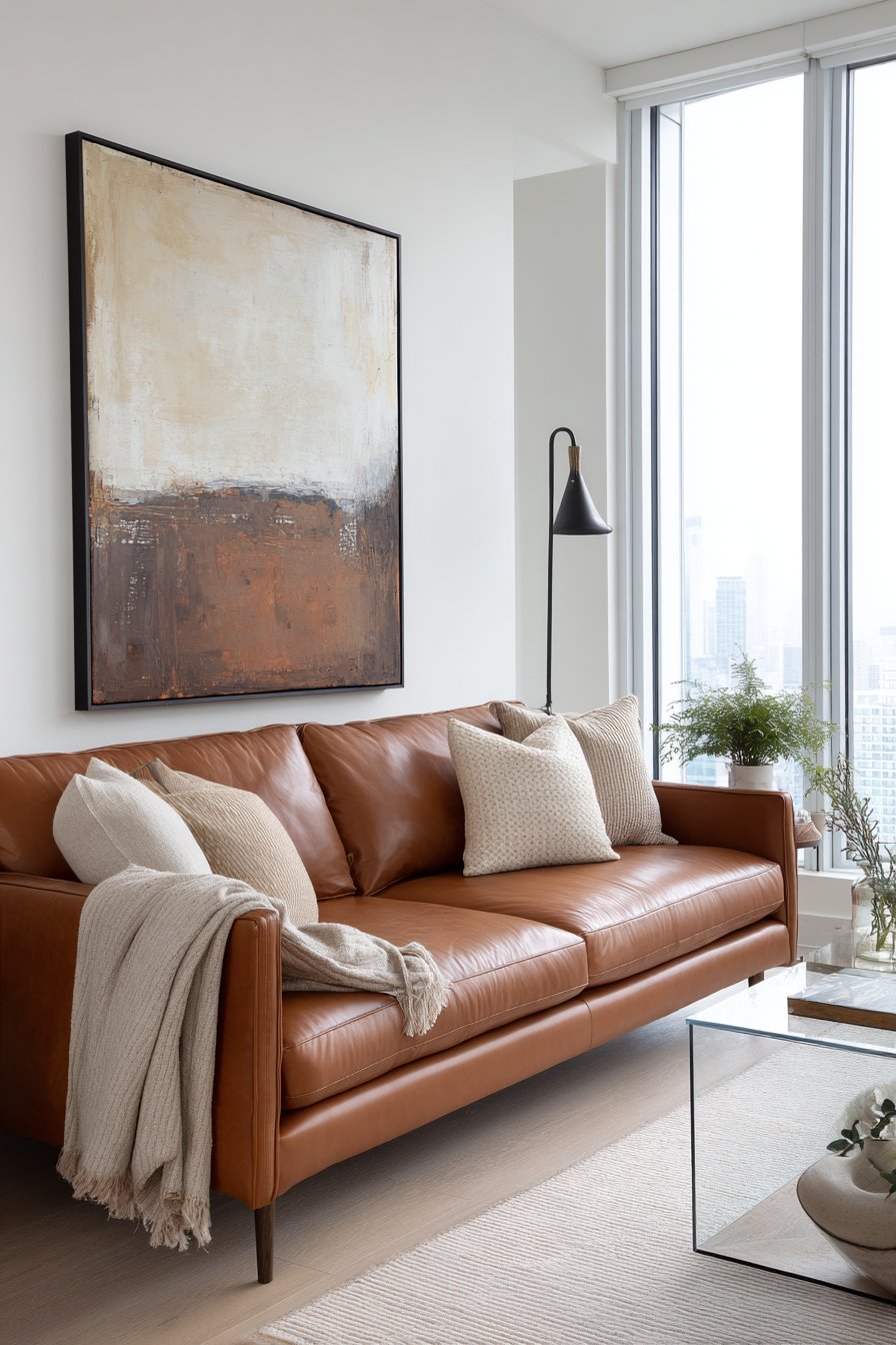 Sleek caramel leather sofa in minimal white space