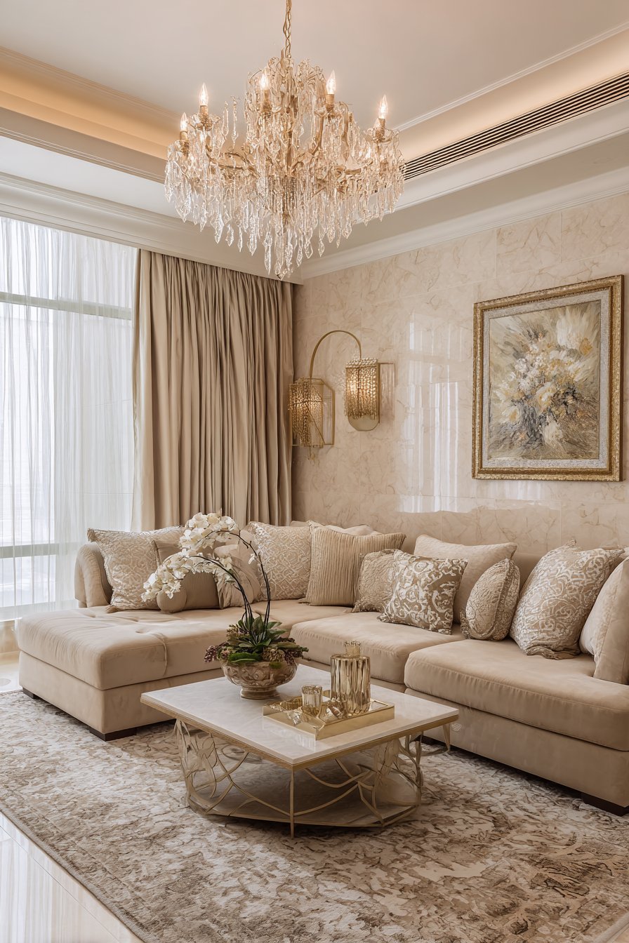 Rich camel velvet sectional with beige marble