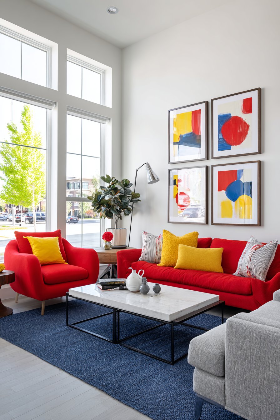 Red chairs, yellow pillows, blue rug with white walls