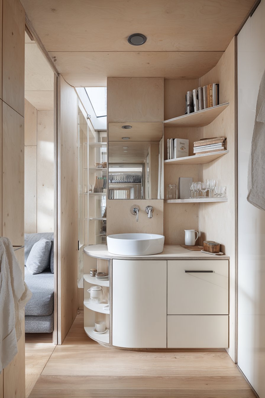 Compact round sink in tiny home corner
