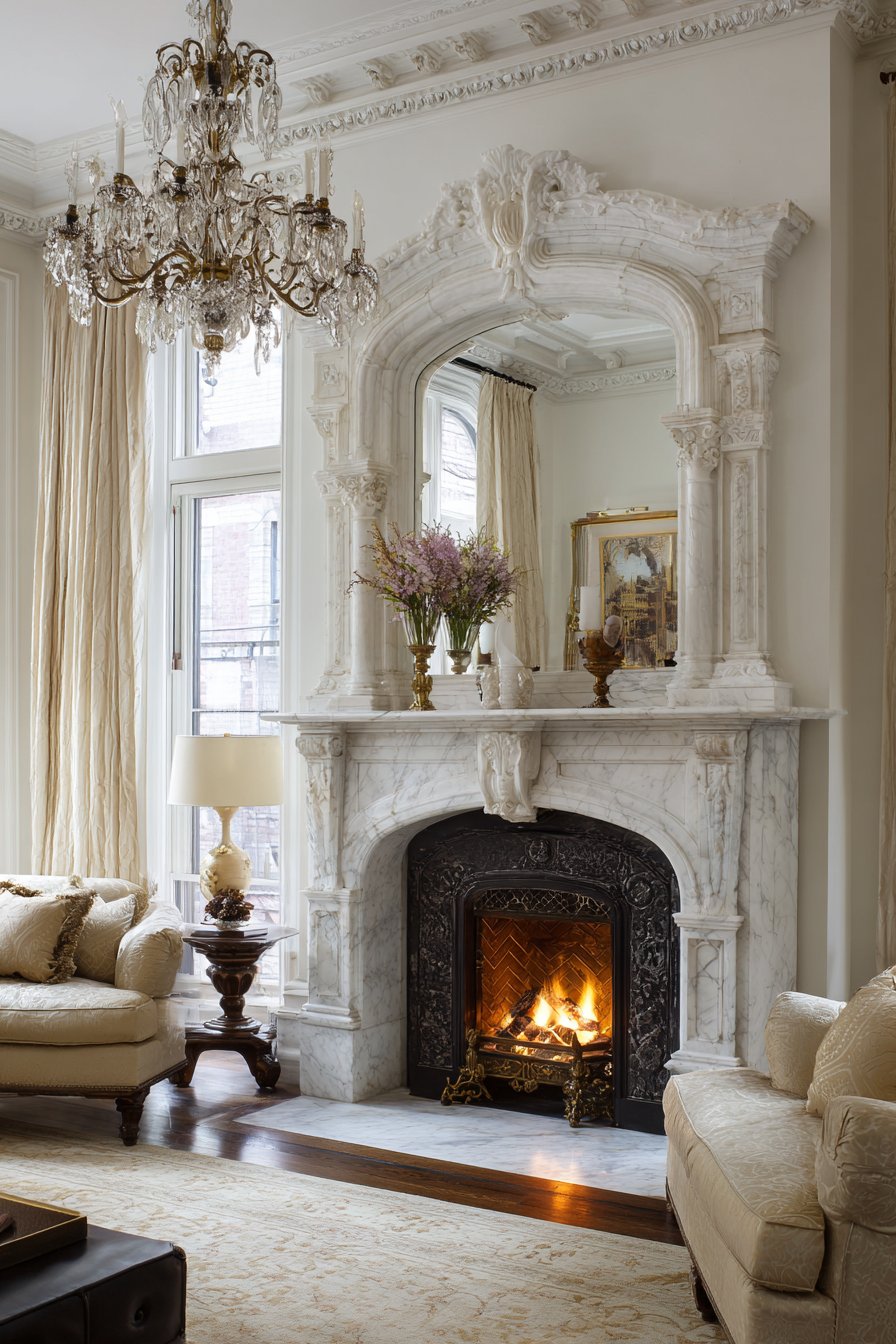 White Carrara marble fireplace with carved details and cast iron