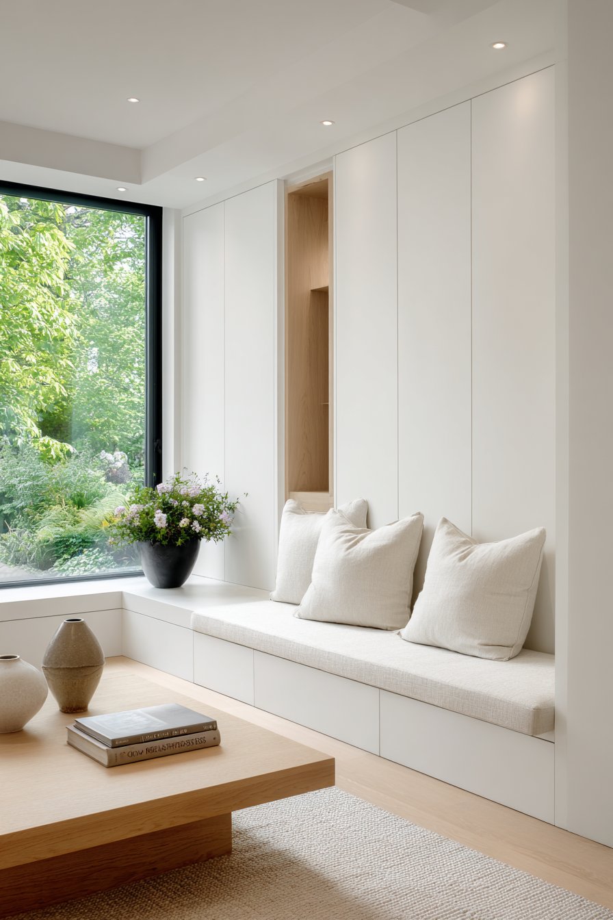 Wall-mounted bench seating with hidden storage