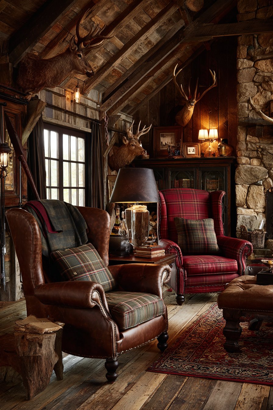 Plaid furniture with mounted antlers and dark paneling