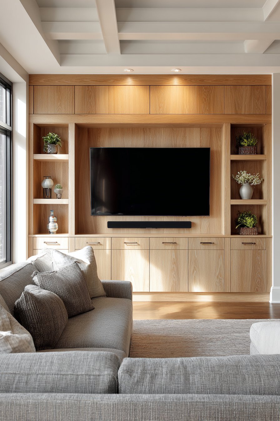 Floor-to-ceiling custom cabinetry in natural oak