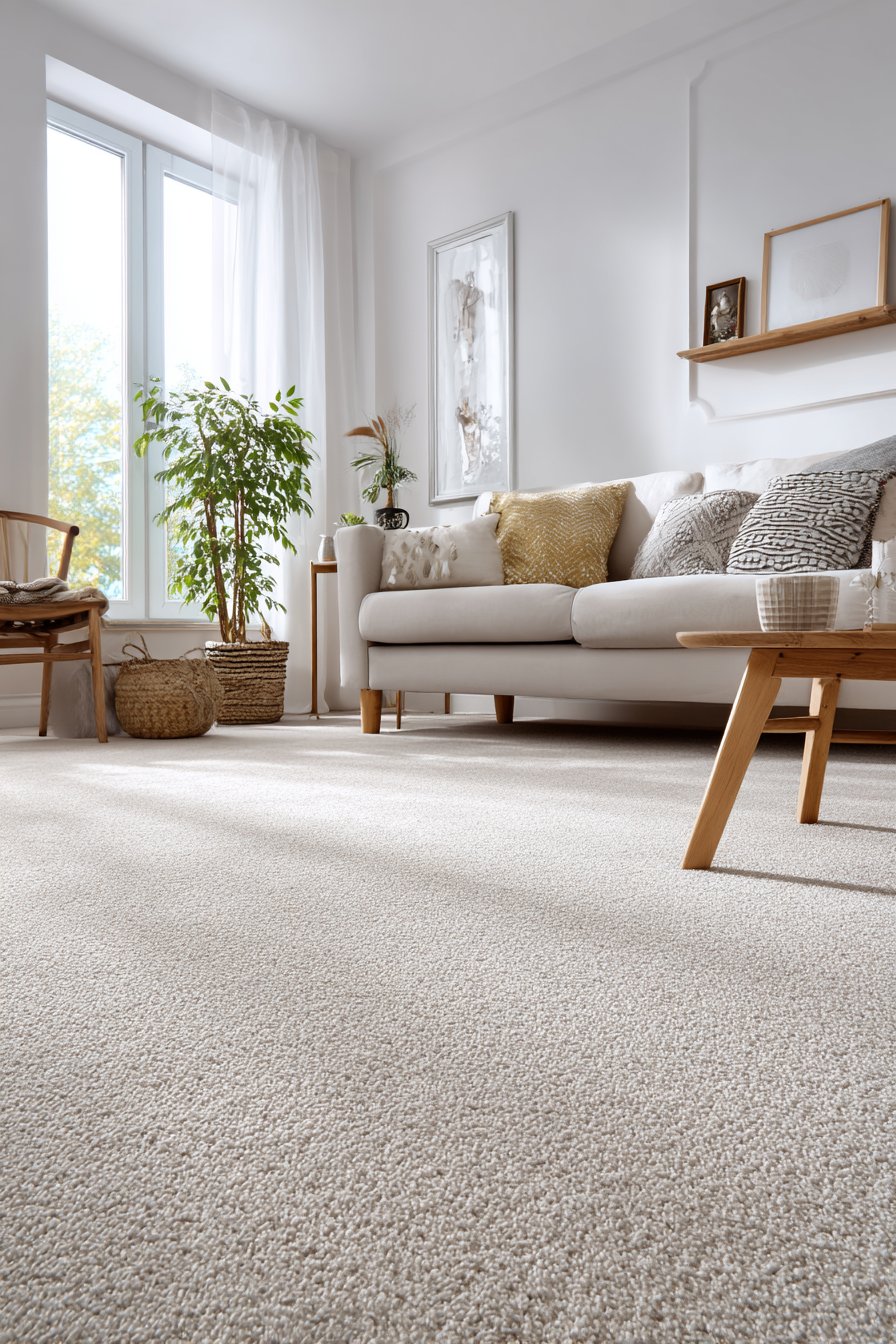 Short dense oatmeal carpet in Nordic living room