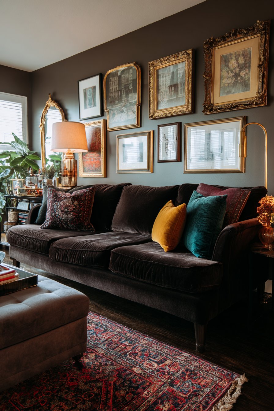 Plush brown velvet with emerald and sapphire pillows