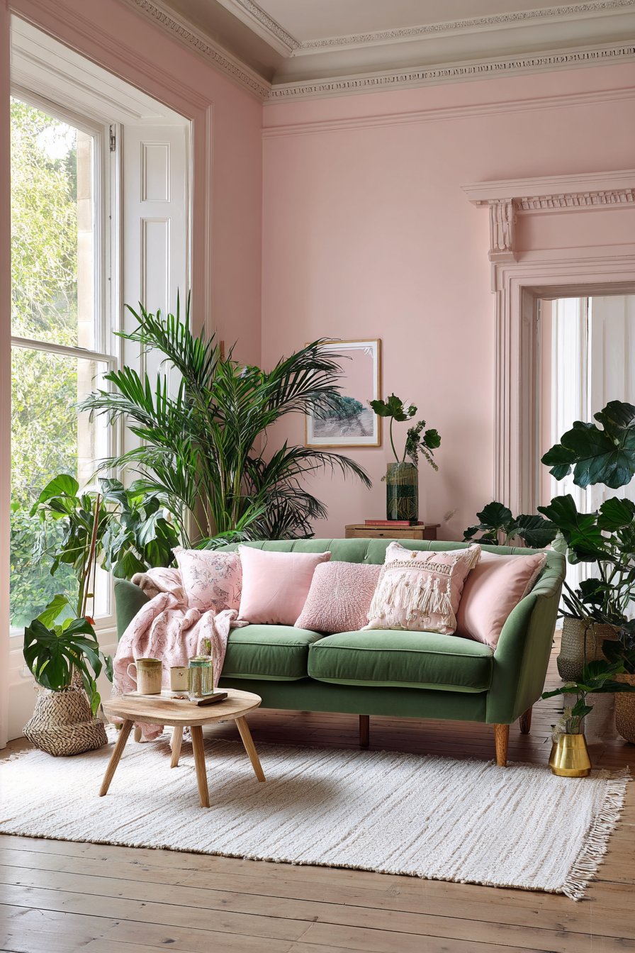 Sage green sofa with blush pink walls and plants