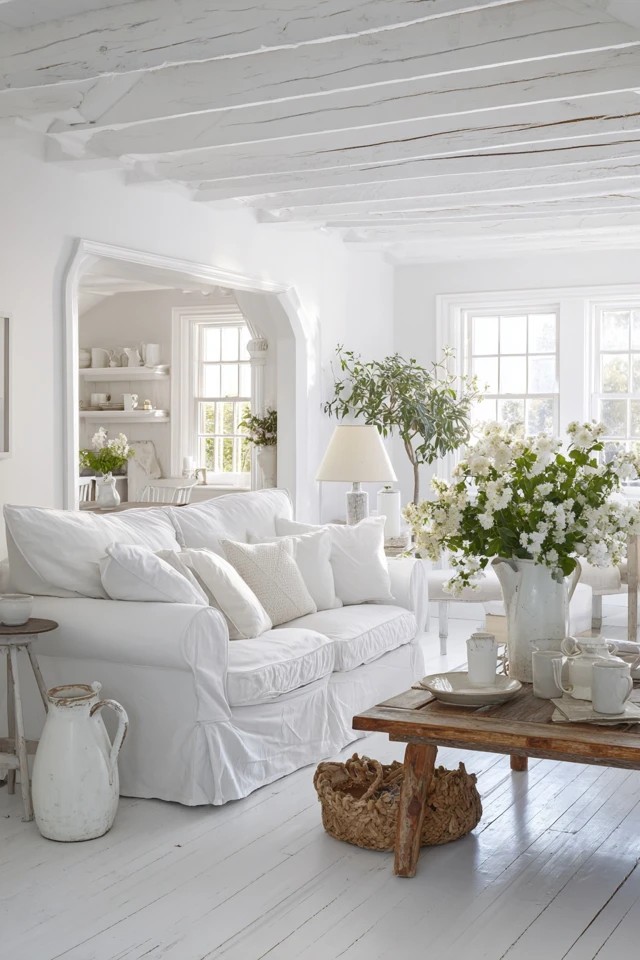 Warm greige walls with natural linen furniture