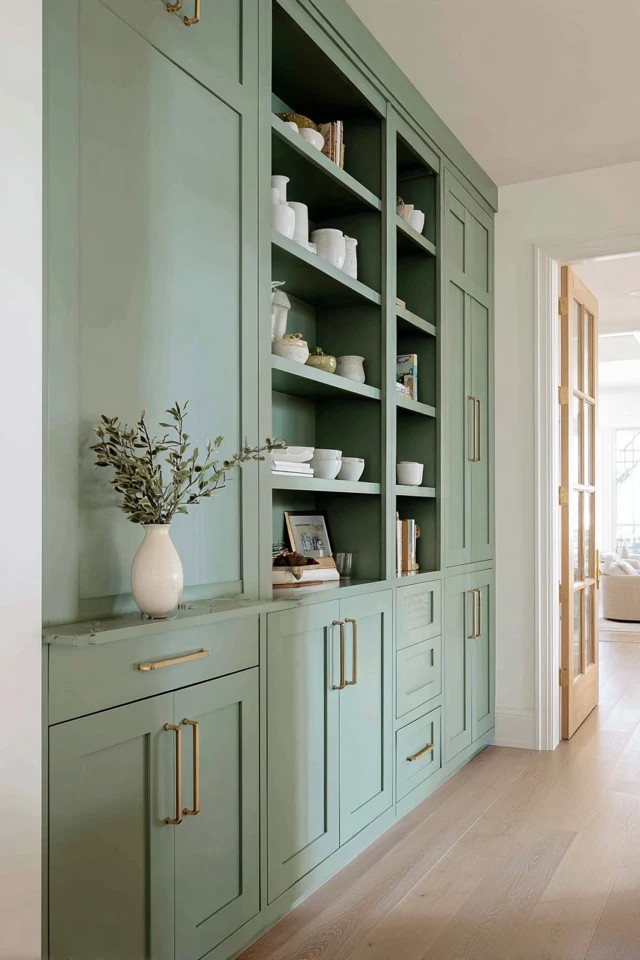 Floor-to-ceiling sage green shaker cabinets