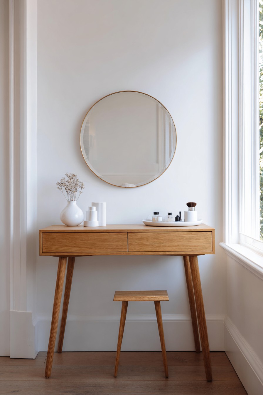 Slim light oak console with simple round mirror