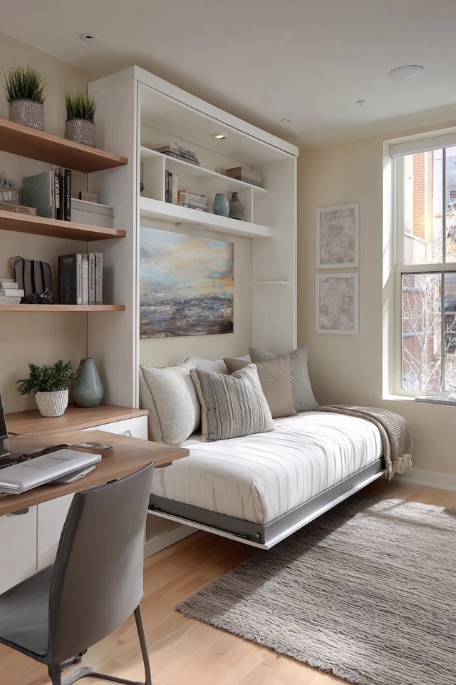 Wall bed folding into cabinet freeing floor space