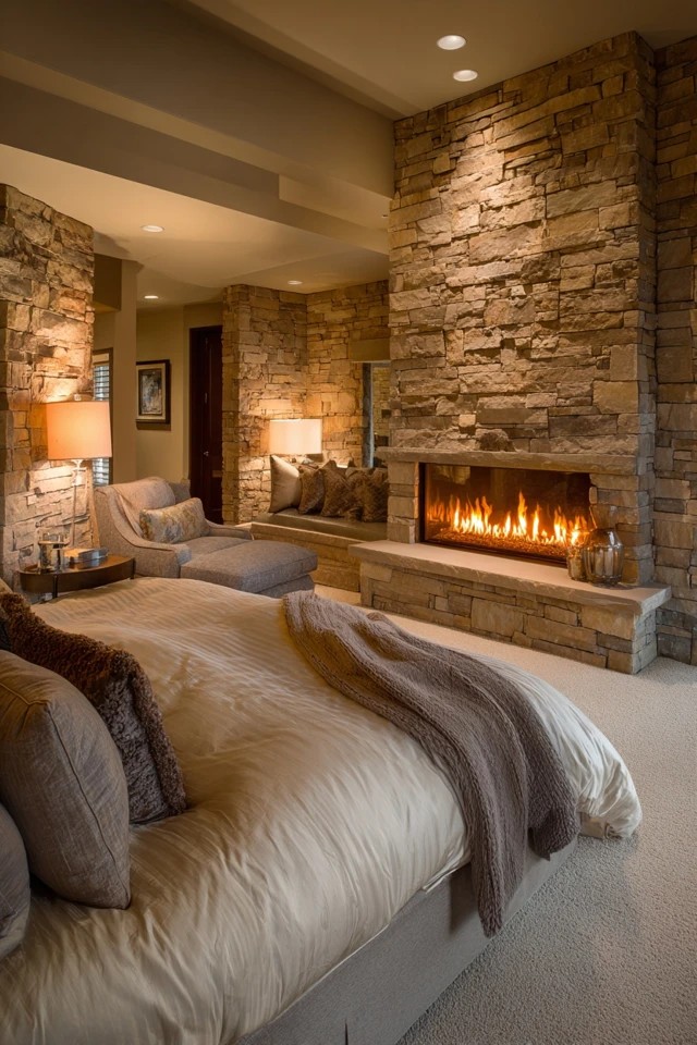 Contemporary linear fireplace with armchairs at bed foot