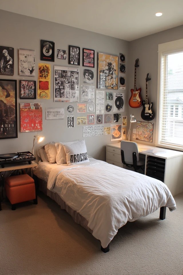 Black accent wall with white bedding and photography