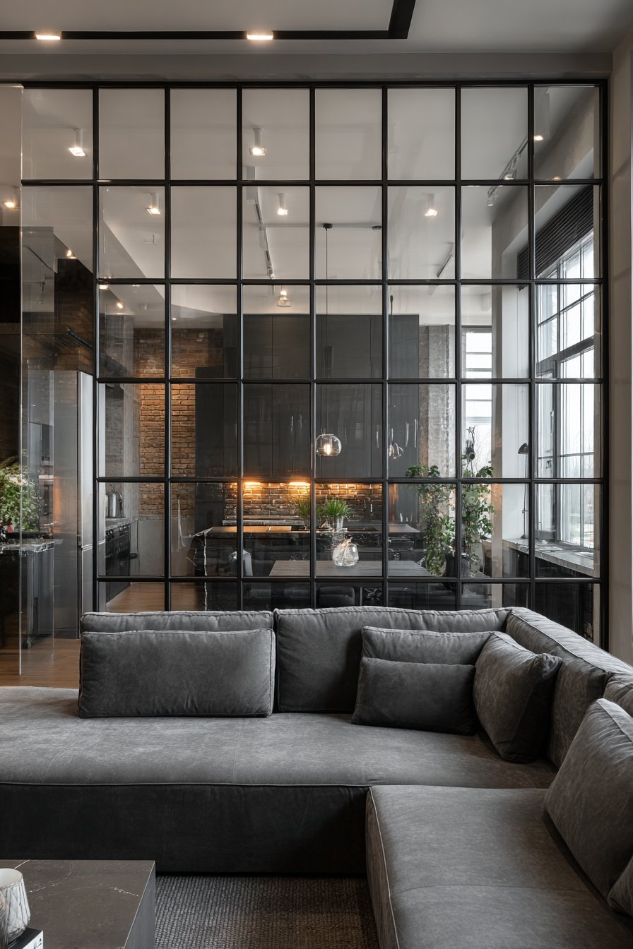 Black steel frame glass wall between living and kitchen