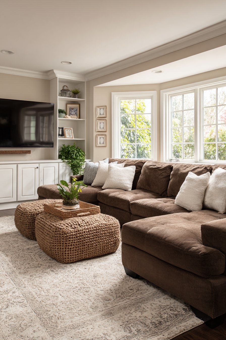 Durable brown sectional with ottoman storage