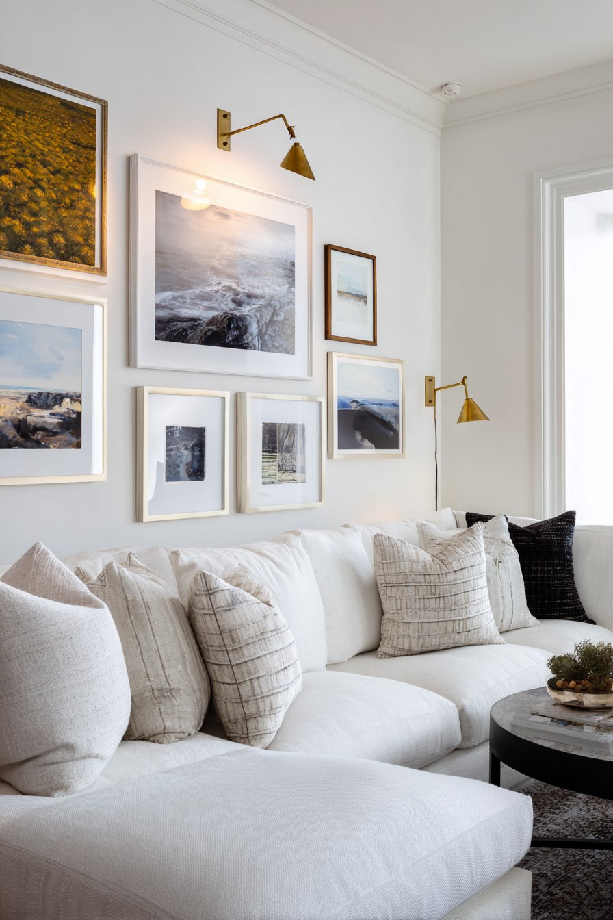 Brass picture lights mounted above framed artwork