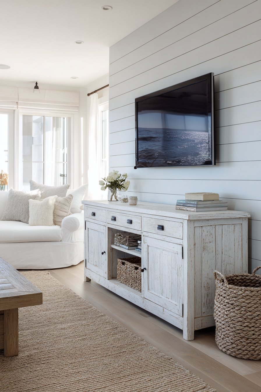 Soft grey shiplap wall with TV above vintage credenza