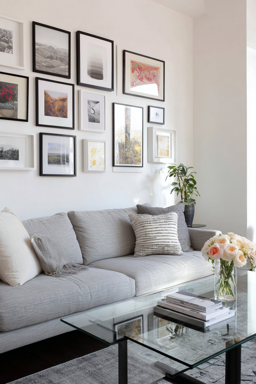 Full wall of framed artwork in compact living room