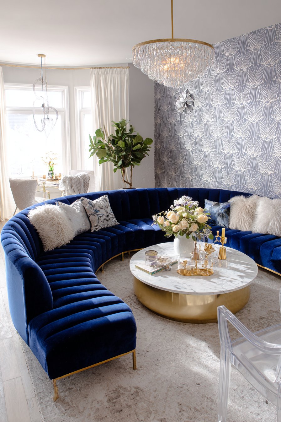 Curved sapphire velvet sofa with gold legs in glamorous living room