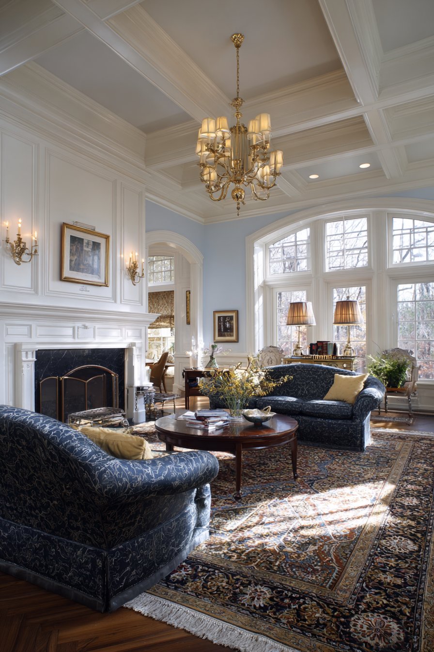 Tufted white leather sofa with mirrored tables