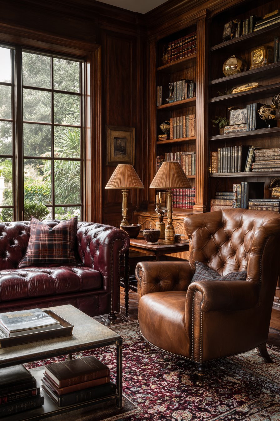 Brown plaid chairs with Chesterfield and mahogany