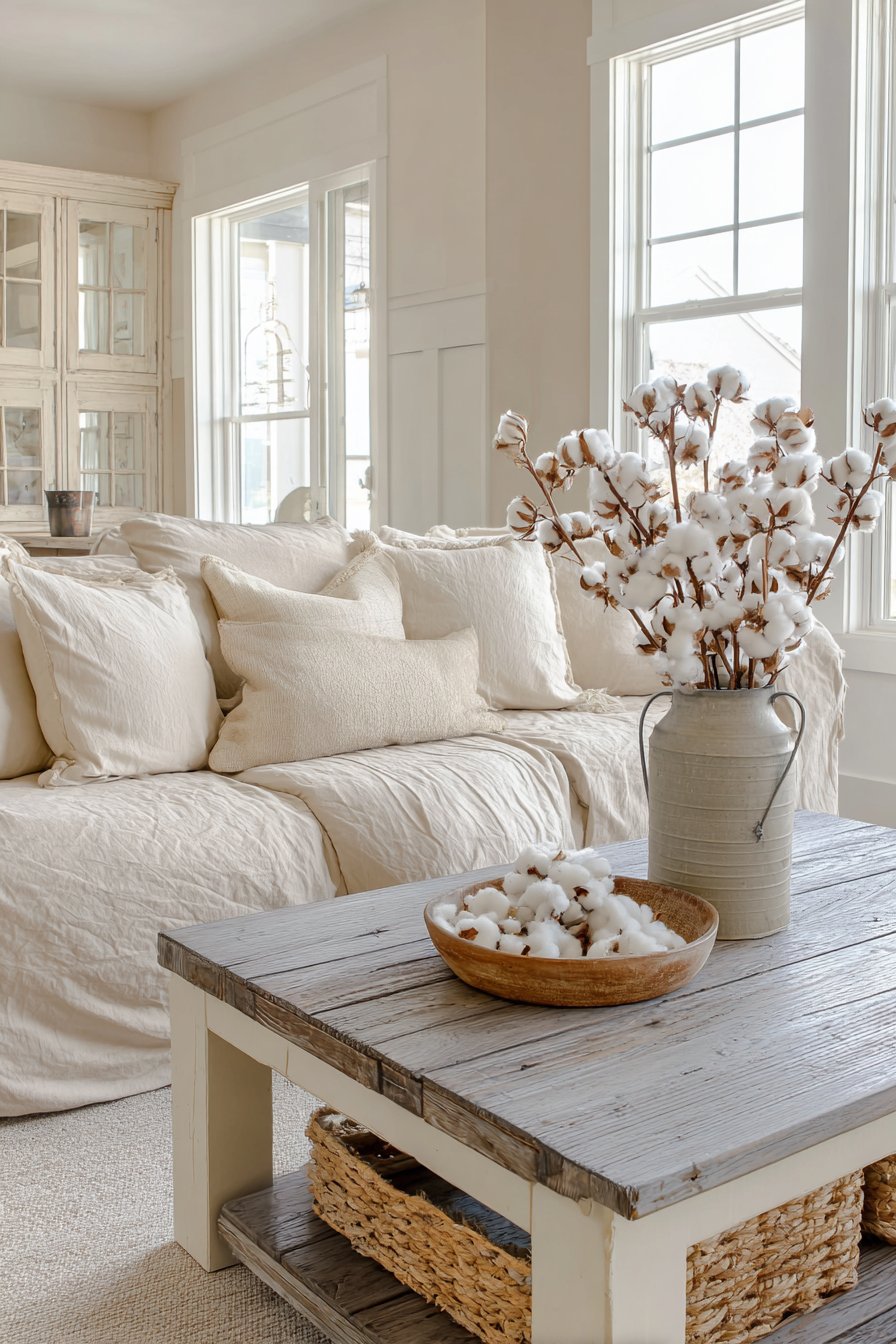 Beige shiplap with canvas slipcover and reclaimed wood