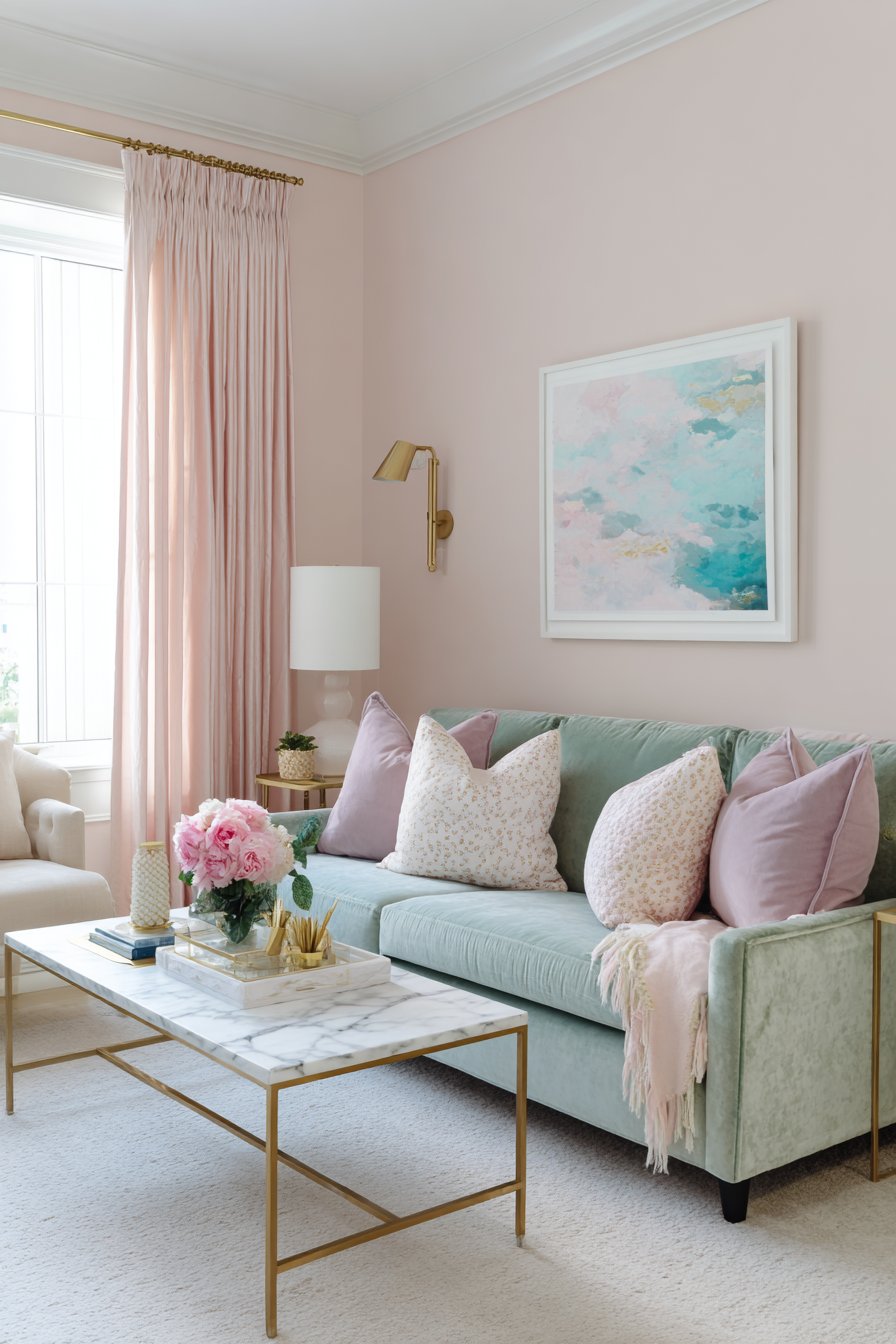 Blush pink walls with mint sofa and lavender pillows