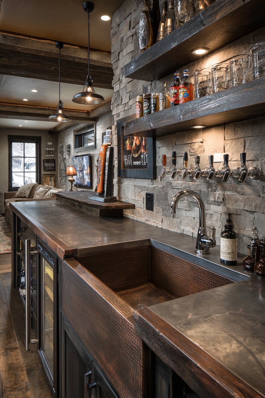 Hammered copper trough sink in basement bar