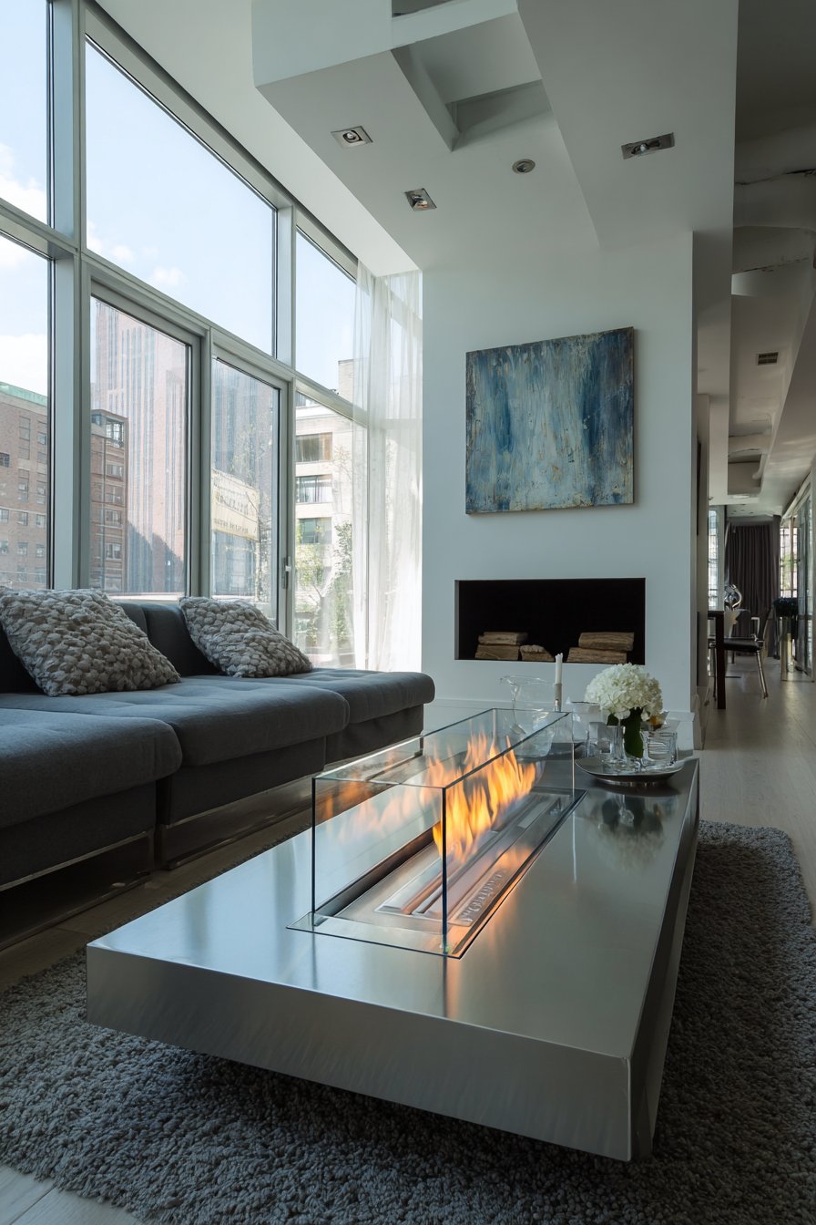 Stainless steel bioethanol fireplace on white wall