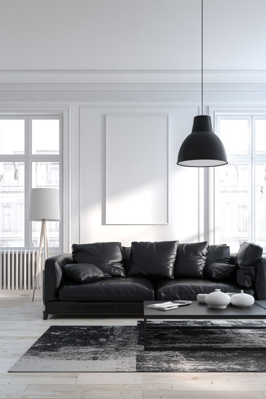 Black leather sofa with white walls and black coffee table