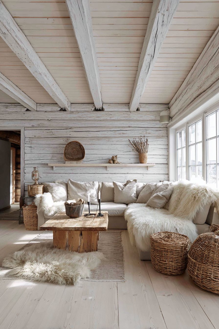 White-washed wood with sheepskin and light furniture