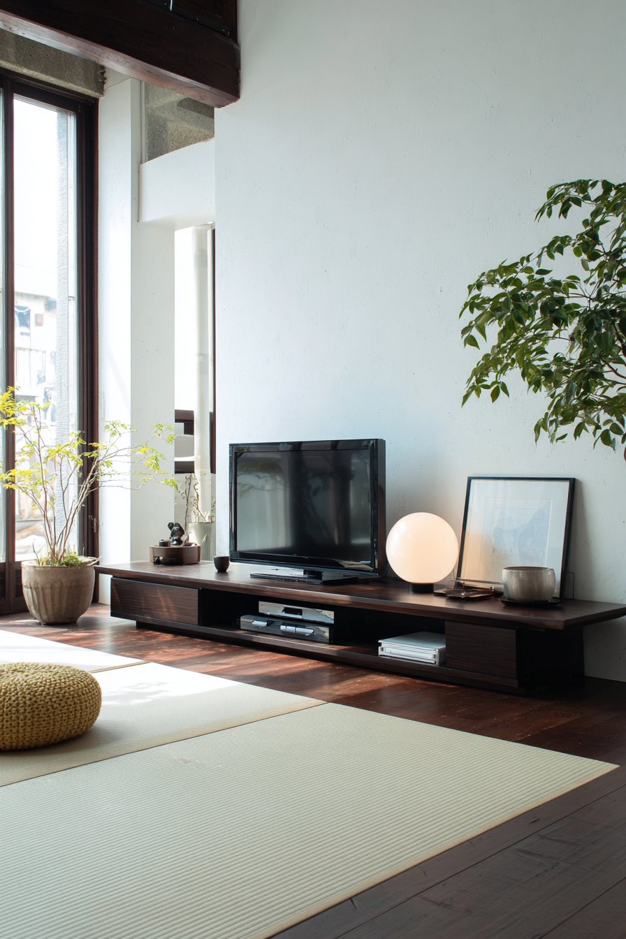 Minimal black stand with horizontal lines sitting low