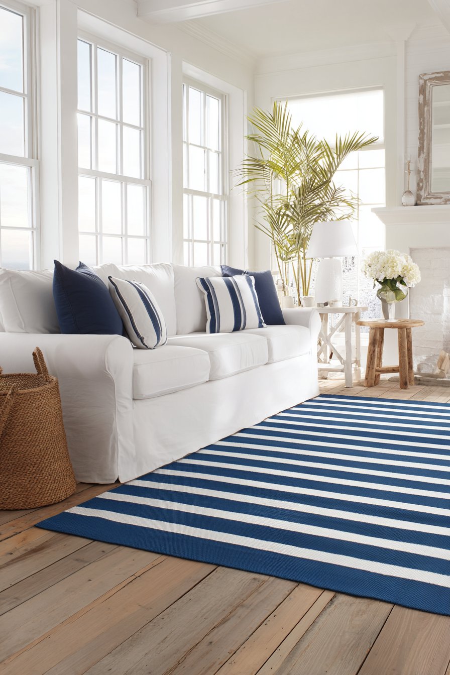 Horizontal navy and white cotton stripe flat-weave