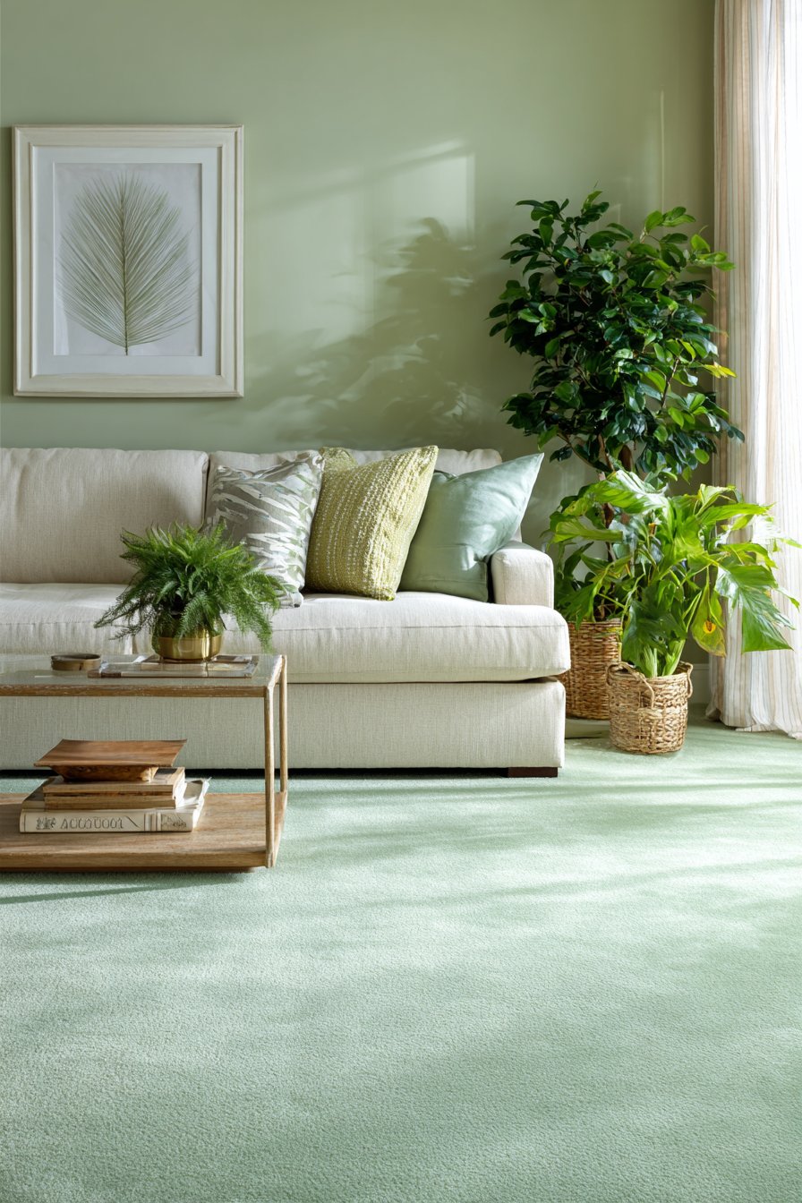 Muted sage green carpet with natural furniture