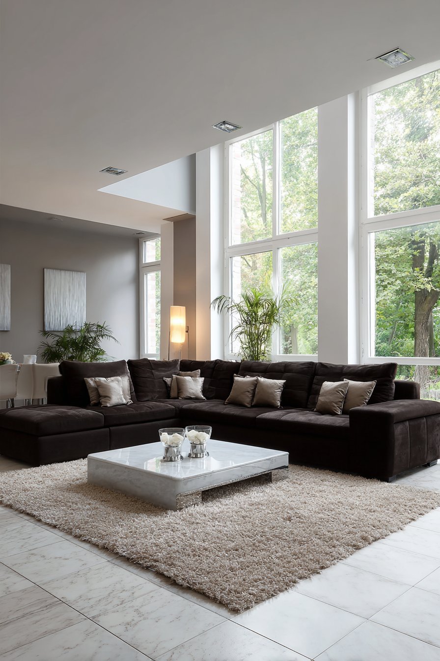 Large dark chocolate sectional with grey accent wall